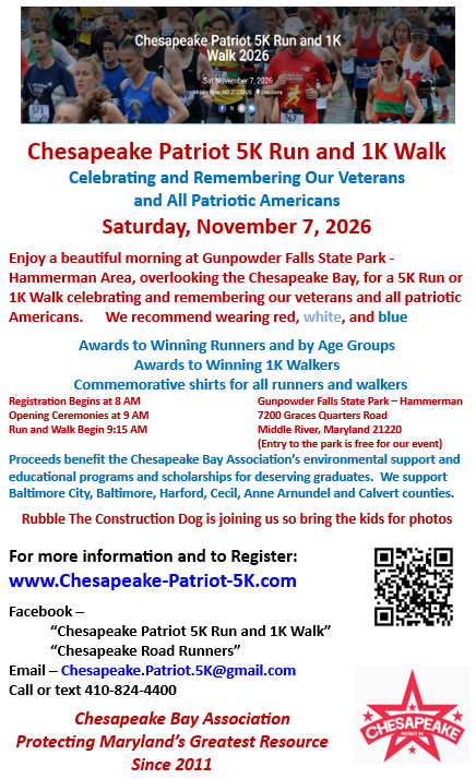Chesapeake Patriot 5K Run and 1K Walk on November 7, 2026. Event flyer with registration details.